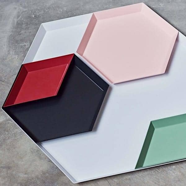 KALEIDO, lacquered steel trays, HAY, available in five clever geometric shapes for multiple uses