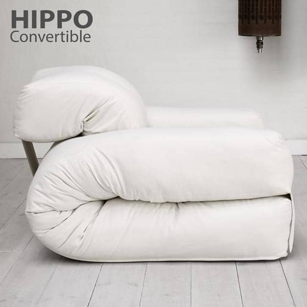 HIPPO, an armchair or a sofa, that turns into a comfortable extra futon bed  in seconds