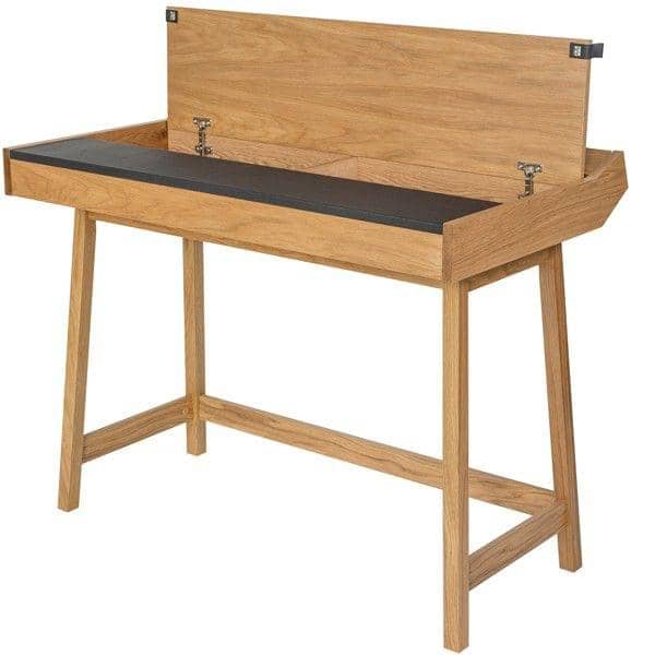 RETRO, a functional desk, offering a very large storage area with its three flaps, oak and leather,