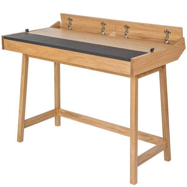 RETRO, a functional desk, offering a very large storage area with its three flaps, oak and leather,