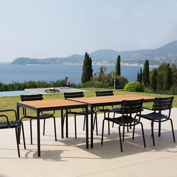 FOUR : Outdoor dining table or high table, in aluminum and bamboo, by HOUE.