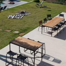 FOUR : Table &agrave; manger et table haute outdoor, en aluminium et bambou, par HOUE.