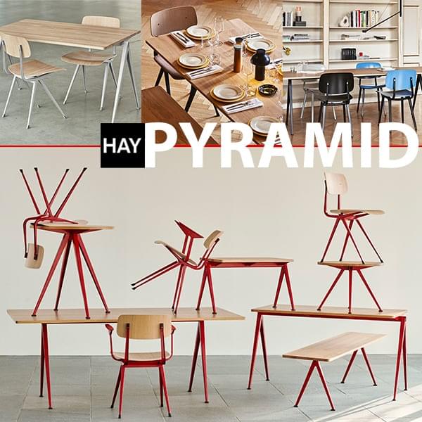 HAYによる PYRAMID コレクション。無垢材とスチール製のテーブル