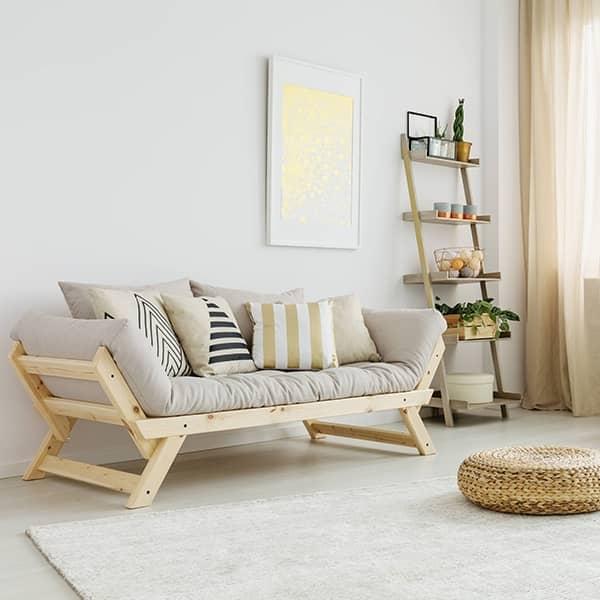 ALULA, en komfortabel sofa, chaiselong, kan ombygges i seng - inklusive futon og puder ALULA naturligt træ struktur - 756-Olivengrøn ( og 2 puder)