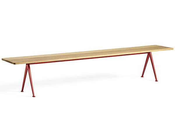 Bench PYRAMID 12 - Oiled solid oak, tomato red frame