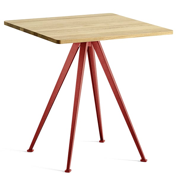 Café table PYRAMID 21 - Clear lacquered solid oak, tomato red frame