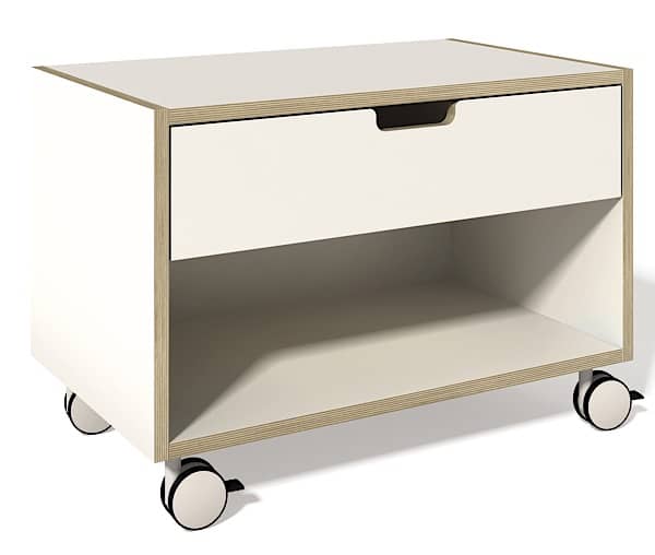 Modularer Nachttisch: 60 x 36 x 42 cm (L x T x H) Gestell aus Weiß, Birkensperrholzrand, lackierte Schublade, RAL 9010 -- Mobil Nachttisch auf...