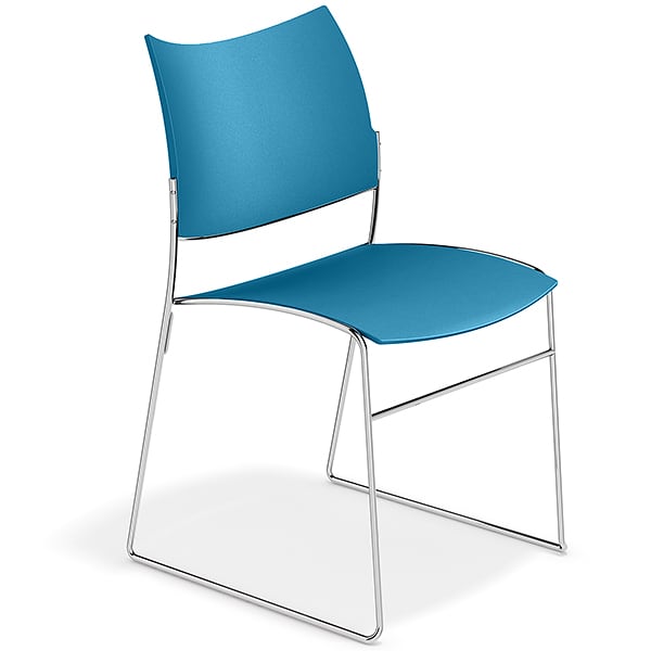 CURVY, a range of chairs made of wood or recycled plastic, chrome frame....