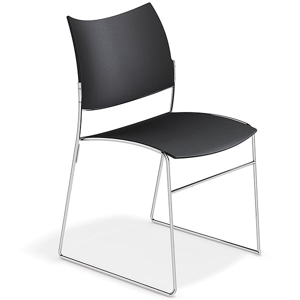 CURVY, a range of chairs made of wood or recycled plastic, chrome frame....