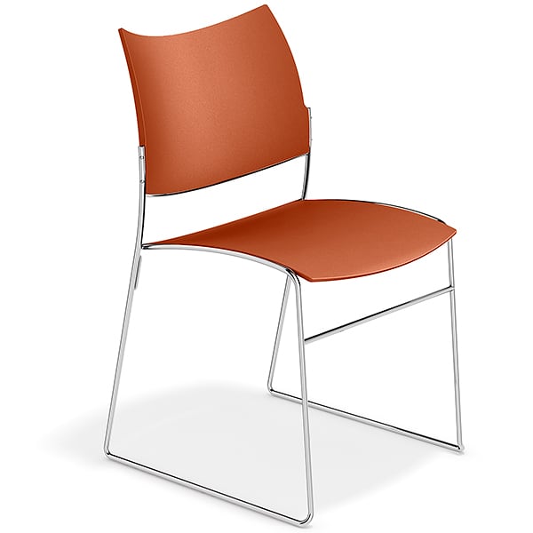 CURVY, a range of chairs made of wood or recycled plastic, chrome frame....