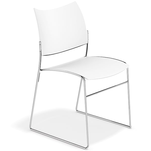 CURVY, a range of chairs made of wood or recycled plastic, chrome frame....