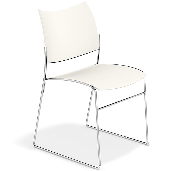 CURVY, a range of chairs made of wood or recycled plastic, chrome frame....