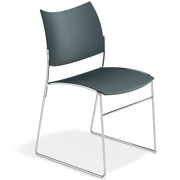 CURVY, a range of chairs made of wood or recycled plastic, chrome frame....