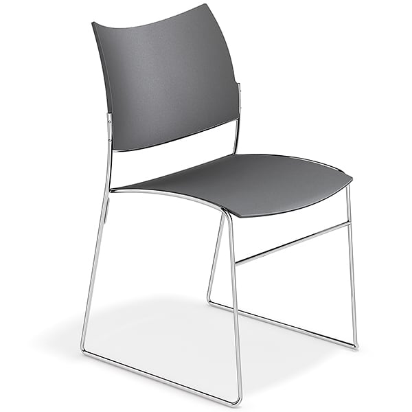 CURVY, a range of chairs made of wood or recycled plastic, chrome frame....
