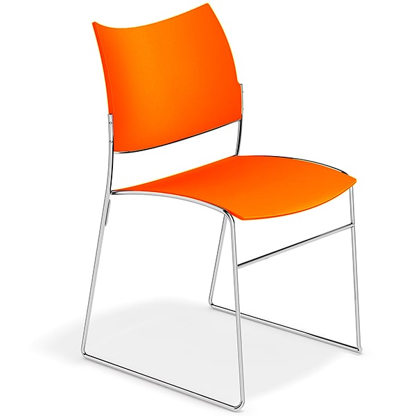 CURVY, a range of chairs made of wood or recycled plastic, chrome frame....