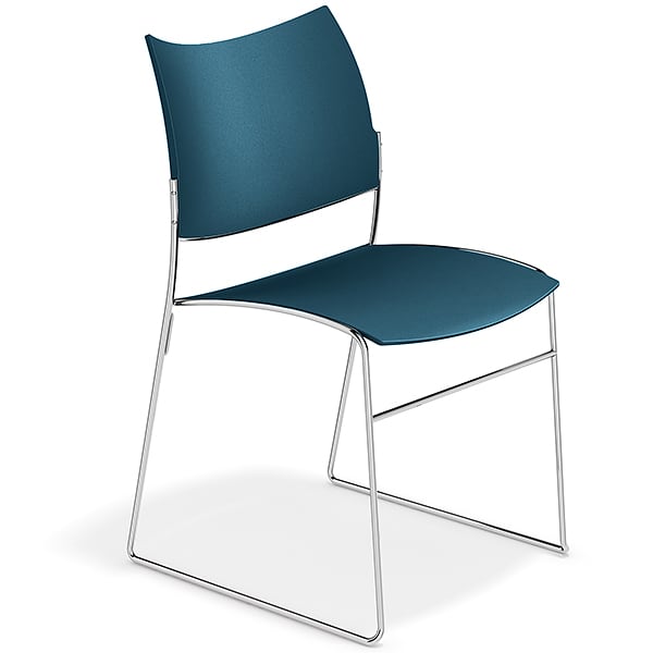 CURVY, a range of chairs made of wood or recycled plastic, chrome frame....