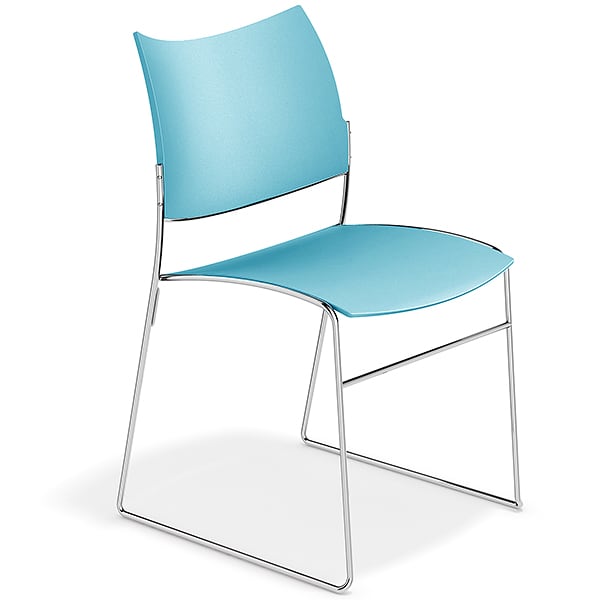 CURVY, a range of chairs made of wood or recycled plastic, chrome frame....