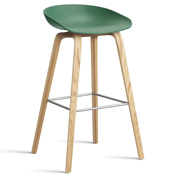 74 釐米， 天然漆橡木， 不鏽鋼腳凳： 74 釐米（座椅高度）， 85 釐米 （總高度） - 青绿色