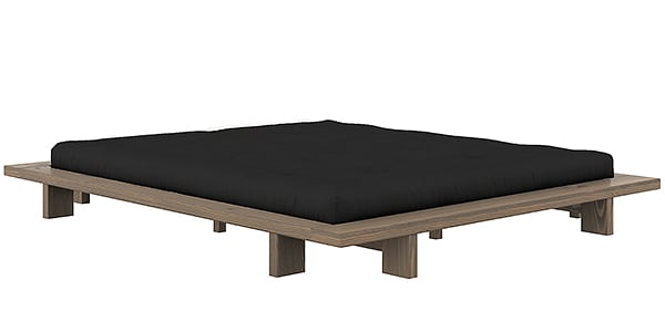 JAPAN床，天然原木結構，舒適被褥 - 床墊 160 x 200 釐米（床尺寸：188 x 228 釐米） - 木結構、角豆布勞恩、黑色舒適被褥
