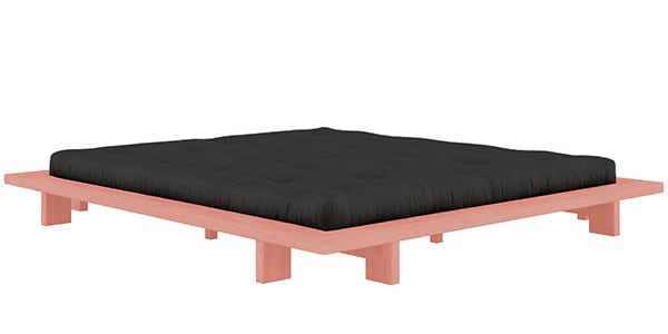 JAPAN床，天然原木結構，雙人乳膠被褥 - 適用於床墊 160 x 200 釐米（床尺寸：188 x 228 釐米） - 木結構， 粉紅色， 黑色膠被褥