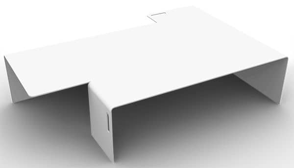 La AXXEL Tavolino, realizzato in 5 millimetri in acciaio, 120 x 80 cm, adatto per uso interno o esterno, una asimmetria di grande successo - Progettazione Jérôme TISON