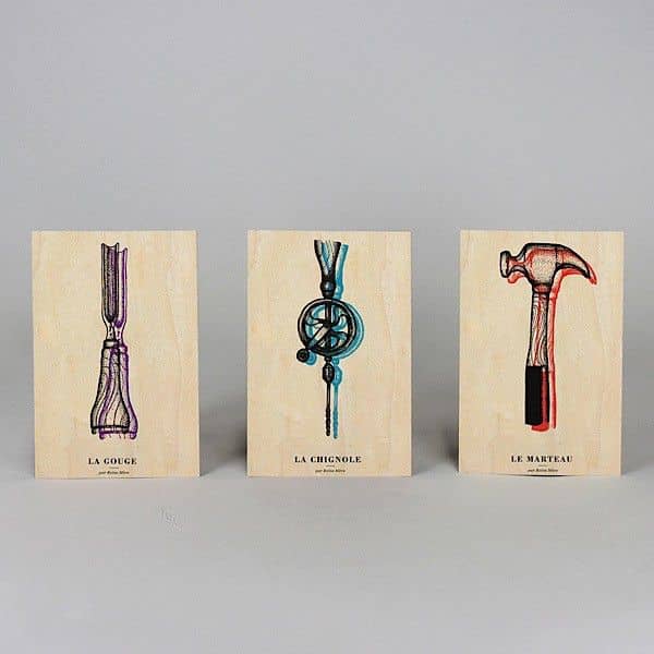 CARTES POSTALES, conjunto de 3 cartas de madeira, maple, eco-design