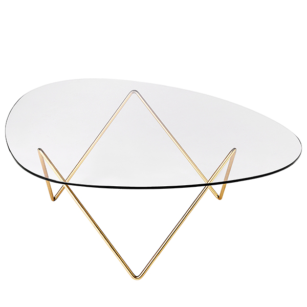 PEDRERA coffee table, slender base and glass table top. GUBI